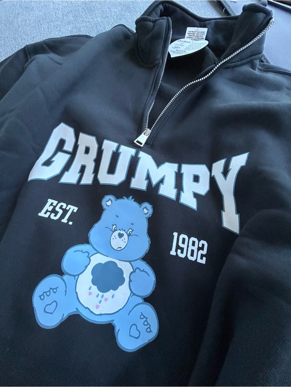 NWT Care Bears Grumpy Zip-Up Sweater - Black with Blue Bear